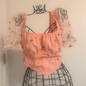 SHEIN Peach Floral Sheer Sleeve Blouse